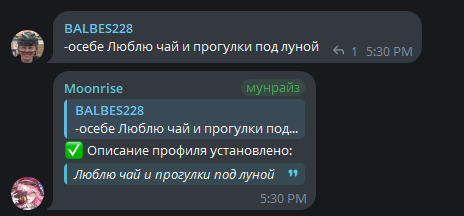карточка профиля с заполненным полем «О себе»