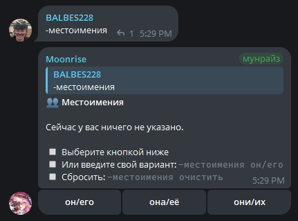 меню выбора местоимений с кнопками