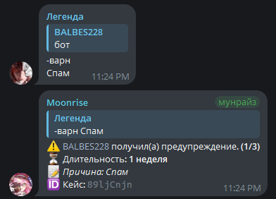 ответ бота о выданном варне со счётчиком