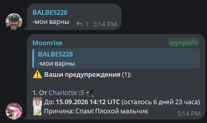 список активных предупреждений участника