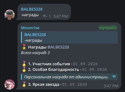 список наград участника